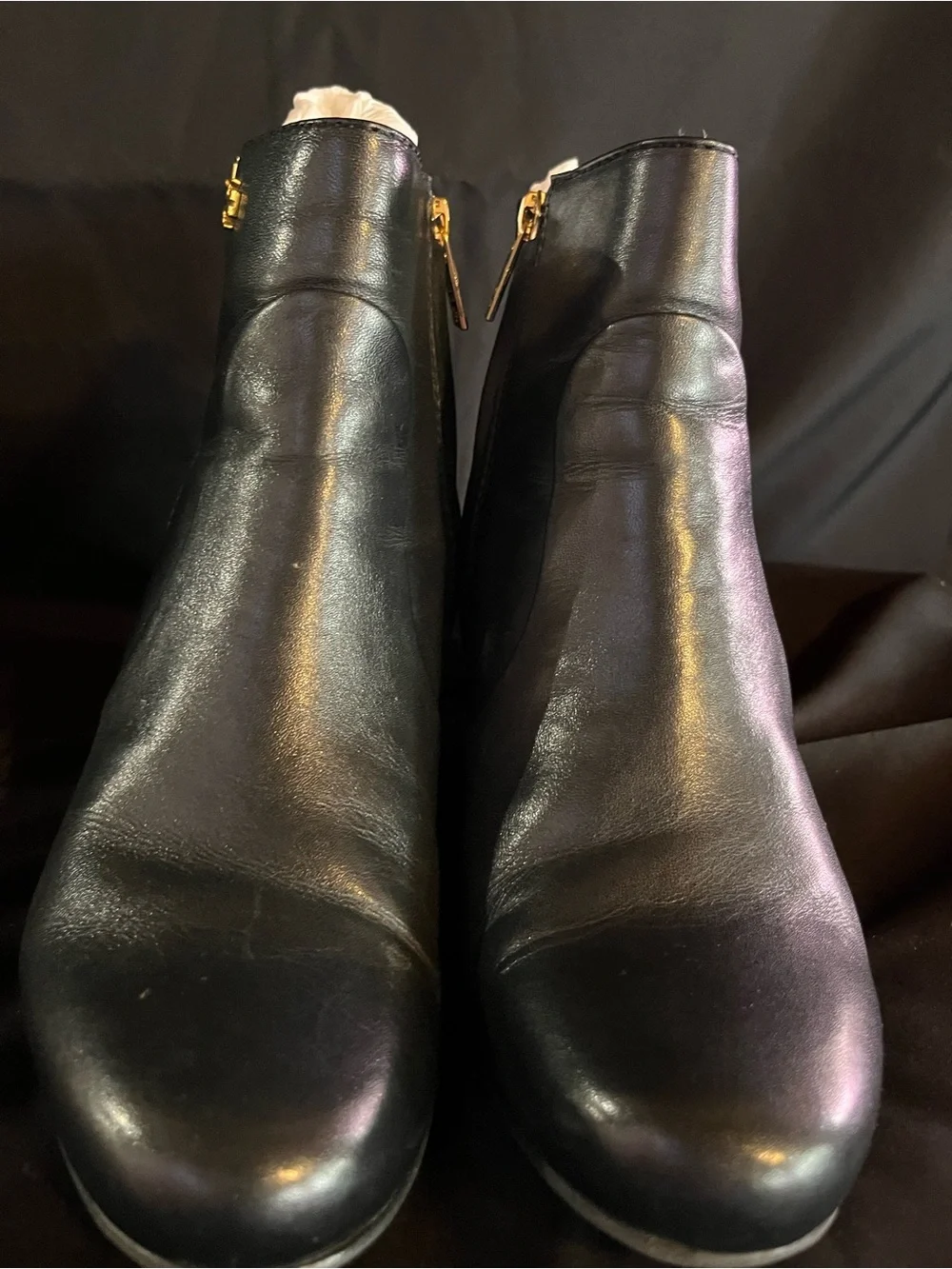 Tory Burch Black Leather Ankle Boots with Gold Logo